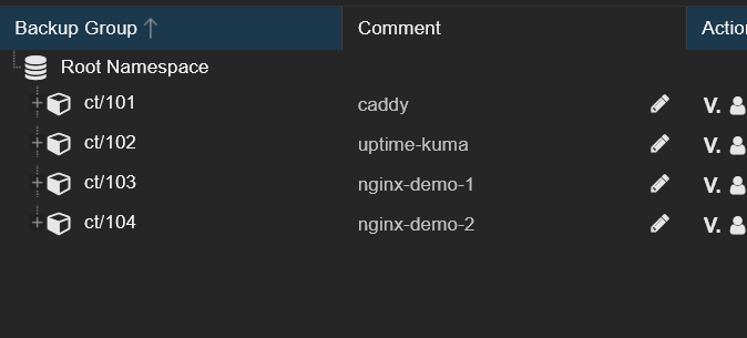 PBS backups Content tab showing ct/101 through ct/104 with ct/100 removed — data only exists on USB
