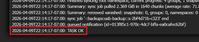 PBS sync task log with TASK OK highlighted in red after pulling 2.369 GiB