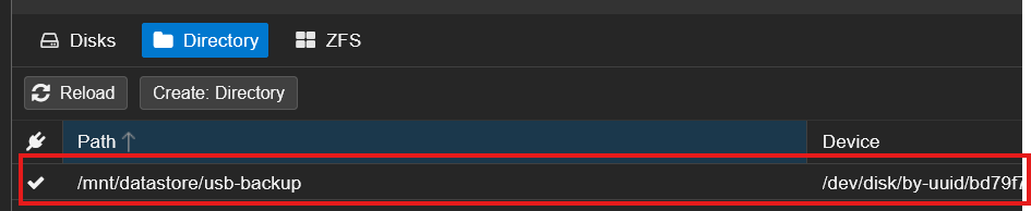 PBS Directory tab with the usb-backup entry highlighted in red