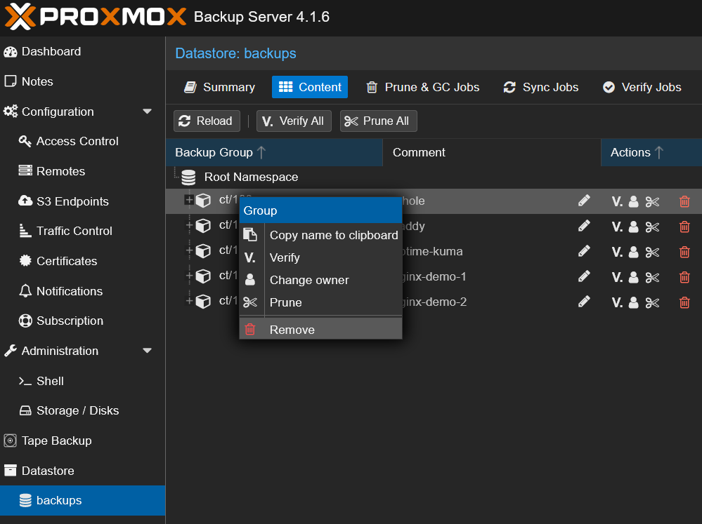 PBS backups Content tab with right-click context menu showing the Remove option for a backup group