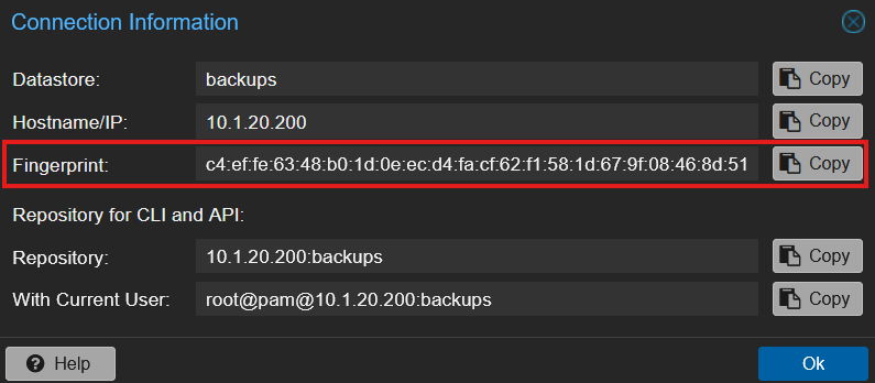 PBS Connection Information dialog with the Fingerprint row and Copy button highlighted in red