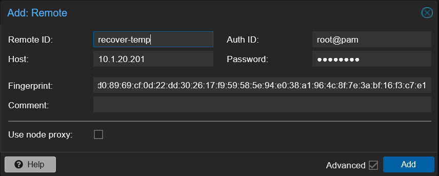 PBS Add Remote dialog with Remote ID recover-temp, Host 10.1.20.201, Auth ID root@pam for recovery