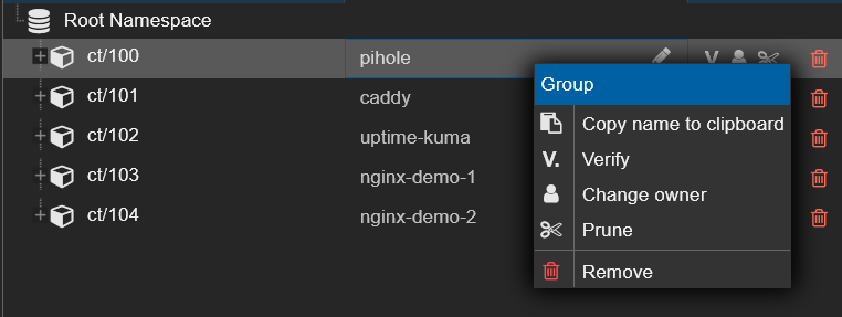 PBS backups Content tab with right-click menu showing Remove option on ct/100