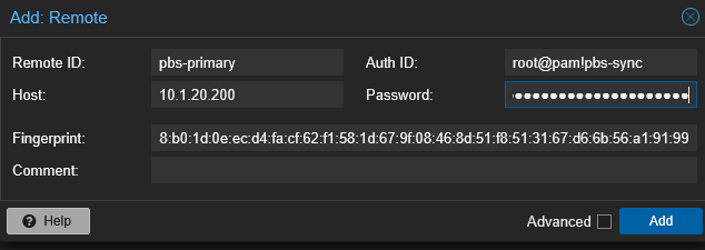 PBS Add Remote dialog with Remote ID pbs-primary, Host 10.1.20.200, Auth ID root@pam!pbs-sync, and fingerprint