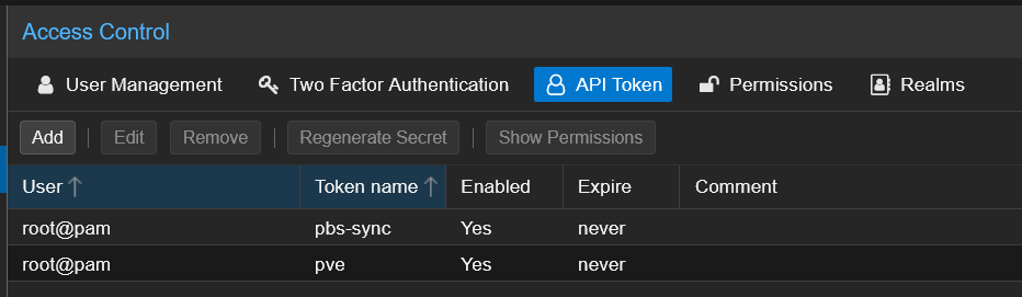 PBS API Token list showing pbs-sync and pve tokens both enabled with no expiry