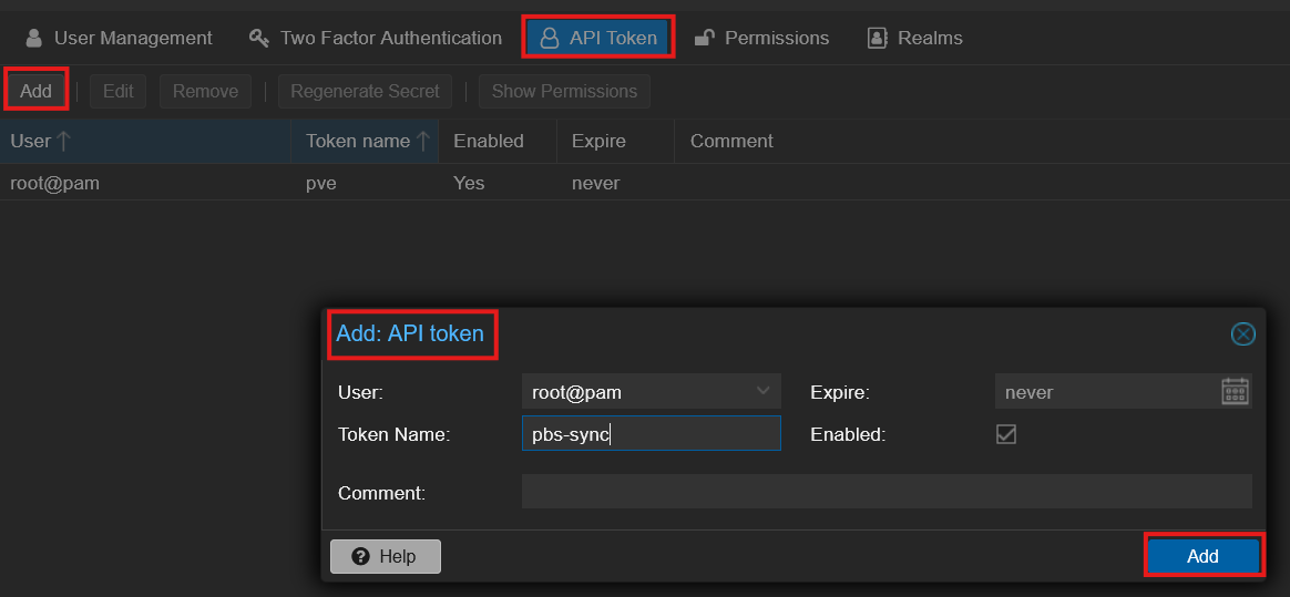 PBS Add API token dialog with red annotations highlighting the Add button, API Token tab, and dialog title