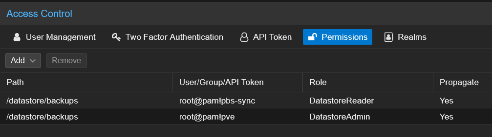 PBS Permissions list showing pbs-sync as DatastoreReader and pve as DatastoreAdmin on /datastore/backups