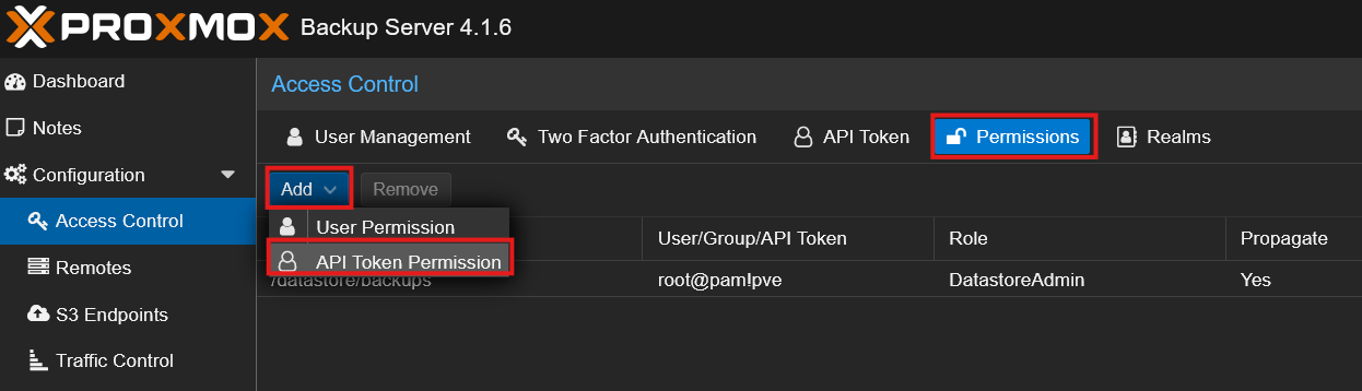 PBS Permissions tab with Add dropdown showing API Token Permission option highlighted in red