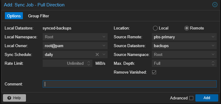 PBS Pull Sync Job dialog configured with synced-backups, Remote, pbs-primary, backups, daily schedule, Remove Vanished checked
