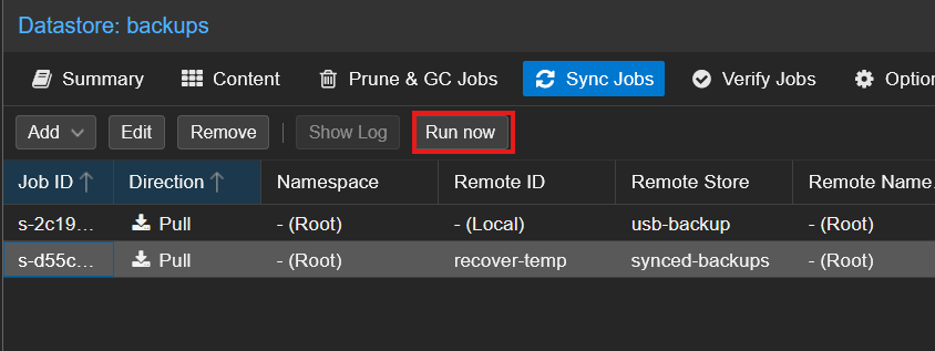 PBS backups Sync Jobs with recovery job selected and Run now button highlighted