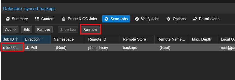 PBS synced-backups Sync Jobs with job selected and Run now button highlighted in red