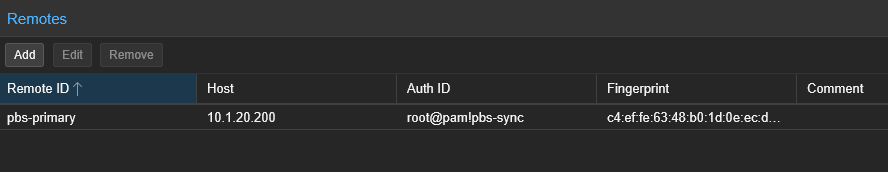 PBS Remotes list showing pbs-primary remote with host 10.1.20.200 and auth ID root@pam!pbs-sync
