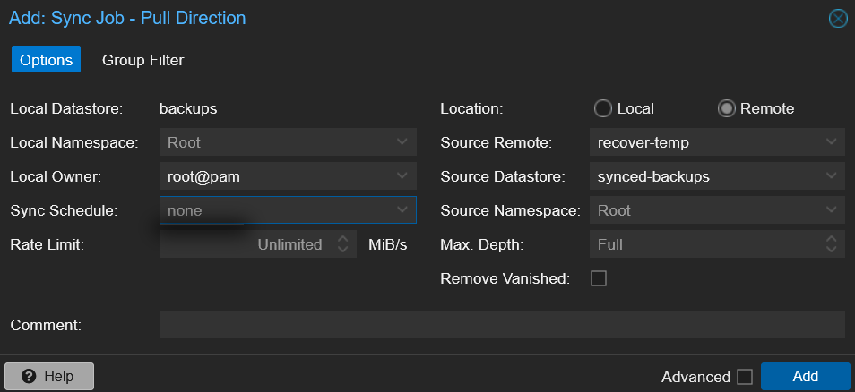 PBS reverse sync job dialog pulling from recover-temp synced-backups with no schedule