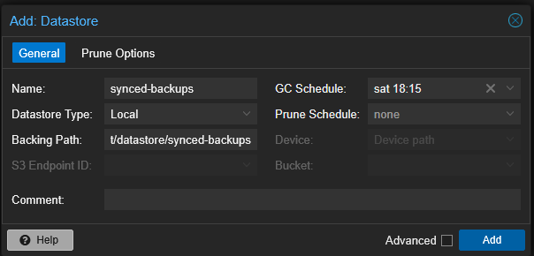 PBS Add Datastore dialog with Name synced-backups, Datastore Type Local, GC Schedule weekly, Prune Schedule none
