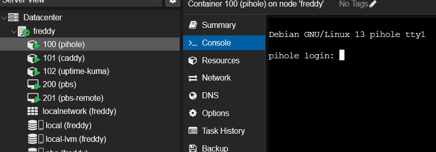 PVE showing CT 100 pihole restored with console login prompt and all containers visible in sidebar