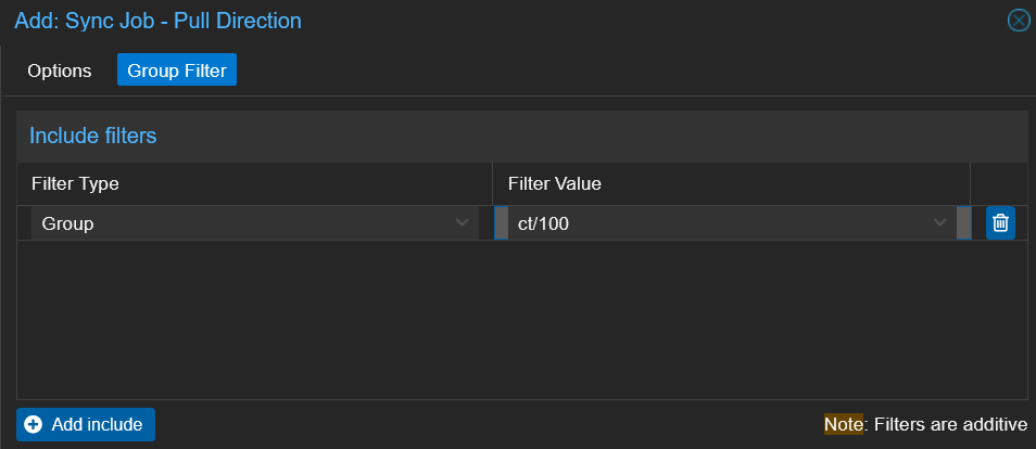 PBS Sync Job Group Filter with Include filter for Group ct/100