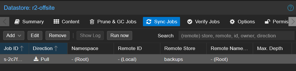 PBS r2-offsite Sync Jobs list showing pull job from local backups datastore