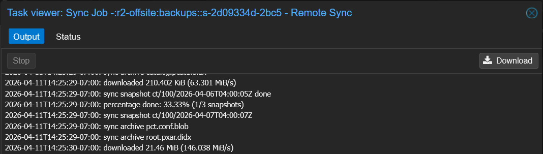 PBS task viewer showing reverse sync downloading chunks from R2 back to backups
