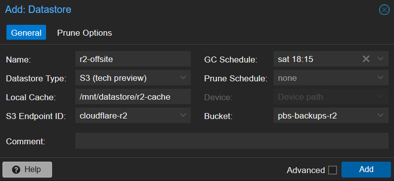 PBS Add Datastore dialog with r2-offsite, S3 tech preview type, cloudflare-r2 endpoint, pbs-backups bucket