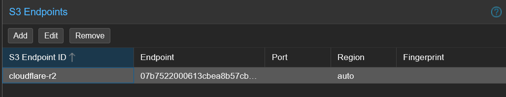PBS S3 Endpoints list showing cloudflare-r2 with endpoint URL and region auto