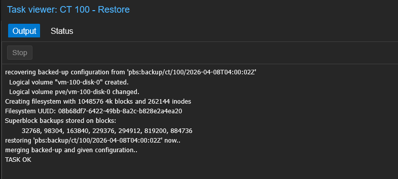 PVE Task viewer showing CT 100 Restore with TASK OK