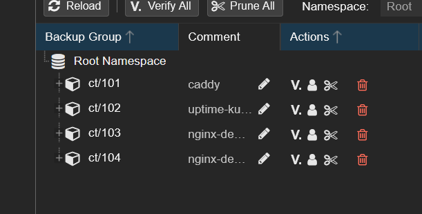PBS backups Content showing ct/101 through ct/104 with ct/100 removed
