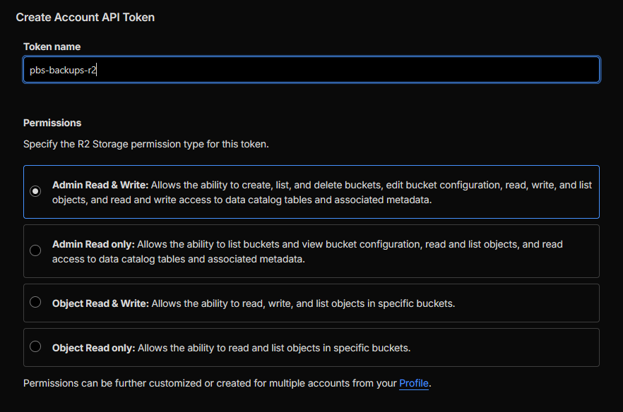 Cloudflare Create Account API Token form with Admin Read & Write permission selected