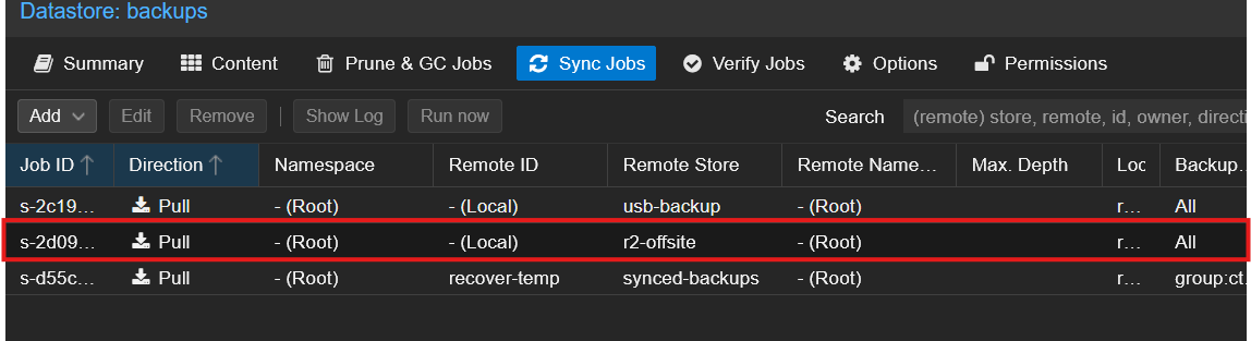 PBS backups Sync Jobs with r2-offsite reverse sync job highlighted in red