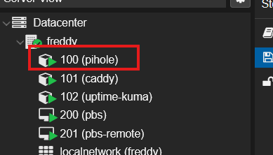 PVE sidebar with CT 100 pihole highlighted confirming R2 disaster recovery success