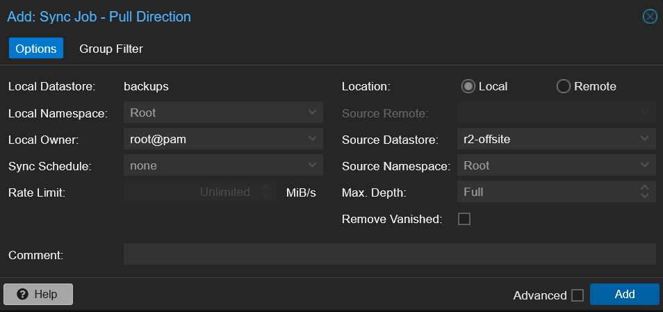 PBS reverse sync dialog pulling from r2-offsite to backups with no schedule for one-shot recovery