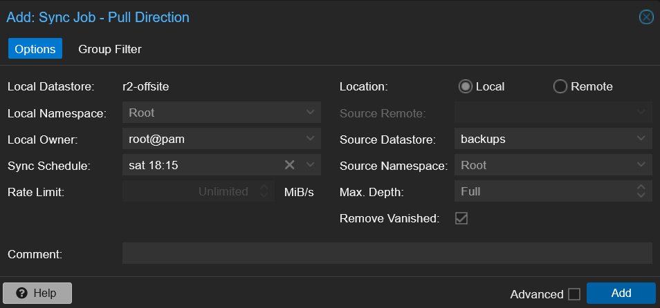 PBS Pull Sync Job dialog showing Location Local with Source Datastore backups for the r2-offsite cloud sync