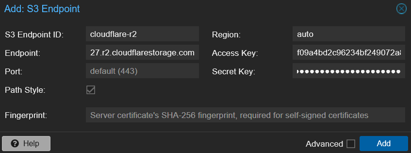 PBS Add S3 Endpoint dialog with cloudflare-r2 ID, region auto, Path Style checked, Fingerprint empty