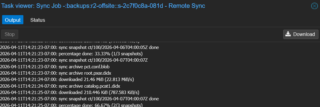 PBS task viewer showing R2 sync progress with chunk downloads and snapshot percentages
