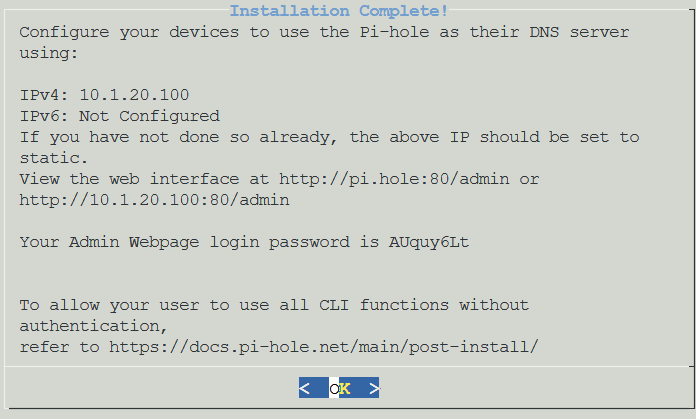 Pi-hole Installation Complete showing admin password and web interface URL
