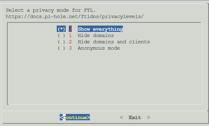 Pi-hole installer privacy mode selection with Show everything selected