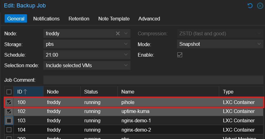 PVE backup job with CT 100 pihole added to the selection