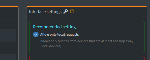 Pi-hole interface settings showing Allow only local requests
