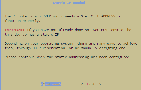 Pi-hole installer Static IP Needed dialog