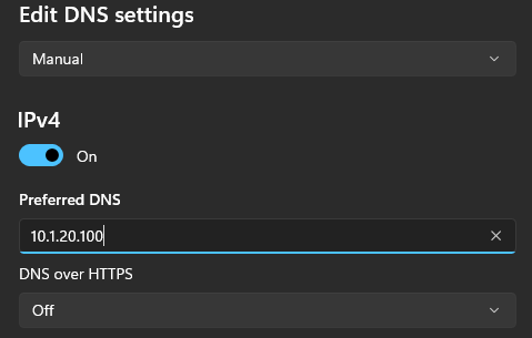 Windows 11 DNS settings with Preferred DNS set to Pi-hole