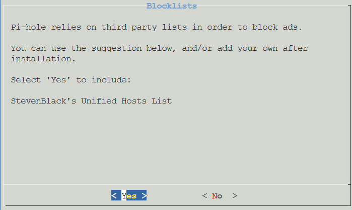 Pi-hole installer Blocklists dialog with StevenBlack's Unified Hosts List
