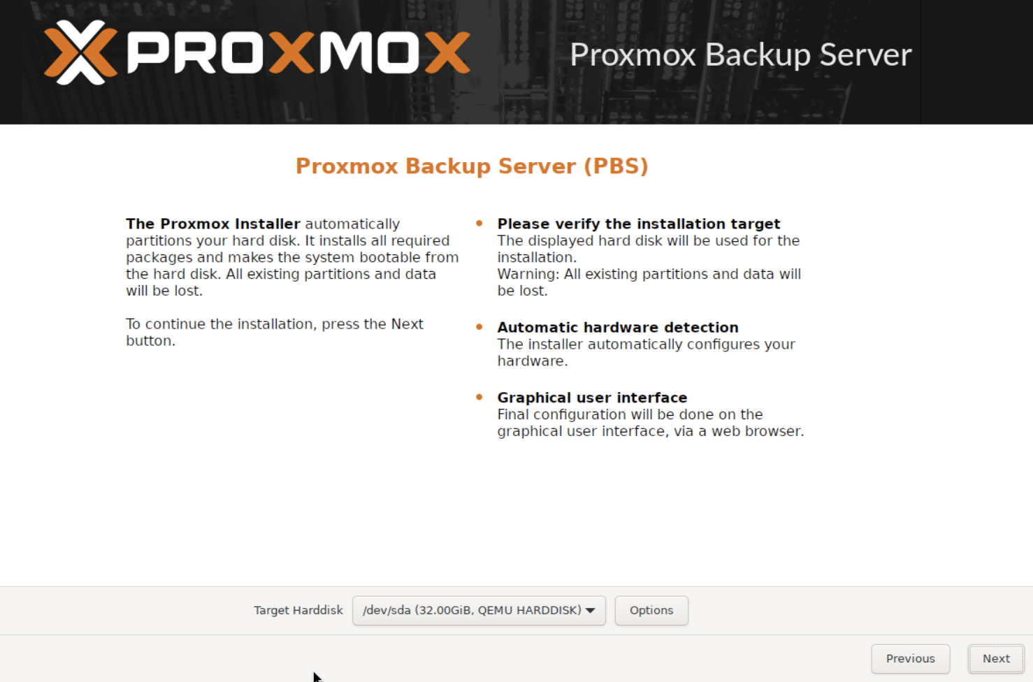 PBS installer target disk selection showing /dev/sda 32GB QEMU HARDDISK