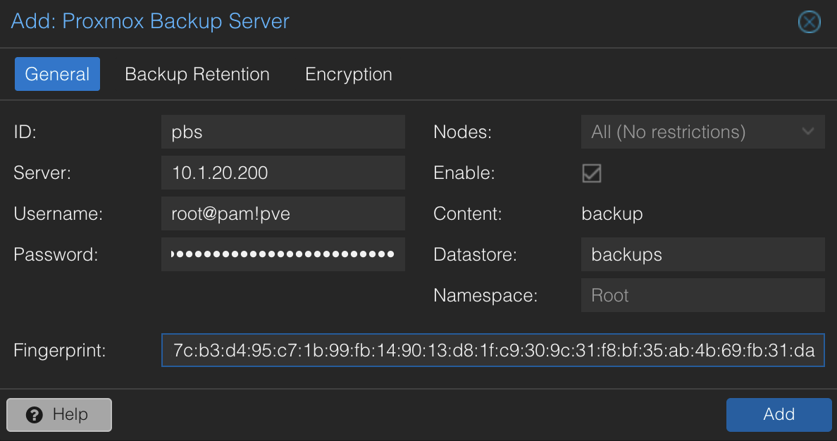 PVE Add PBS storage dialog with server, username, datastore, and fingerprint