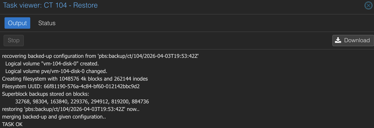 Container restore task output showing TASK OK