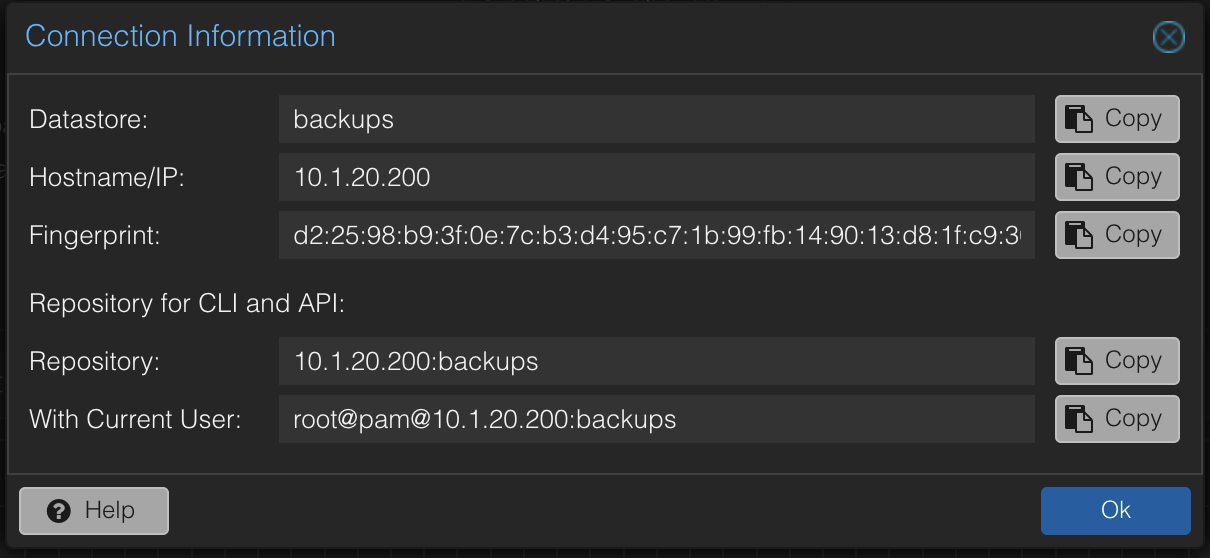 PBS connection information dialog showing fingerprint and connection details