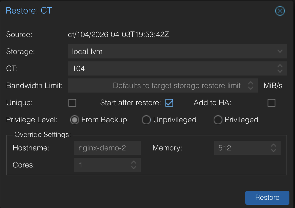 Restore CT dialog showing source backup, storage, CT ID, and restore options