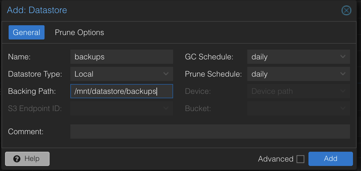PBS Add Datastore dialog with name and backing path configured