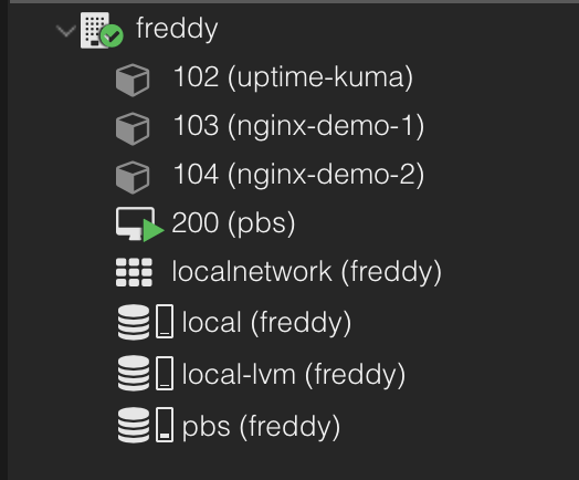 PVE sidebar showing the newly added pbs storage entry