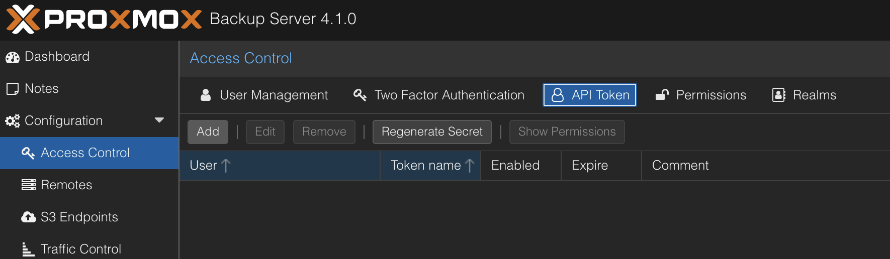 PBS Access Control API Token tab