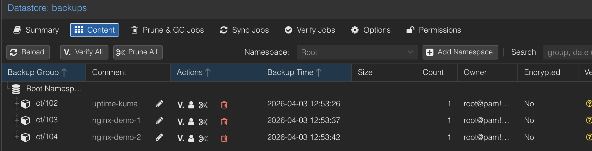 PBS datastore content showing three completed container backups