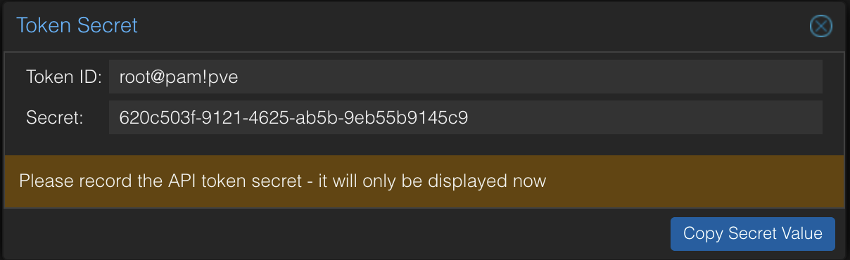 PBS Token Secret dialog showing the secret value with a warning that it will only be displayed once